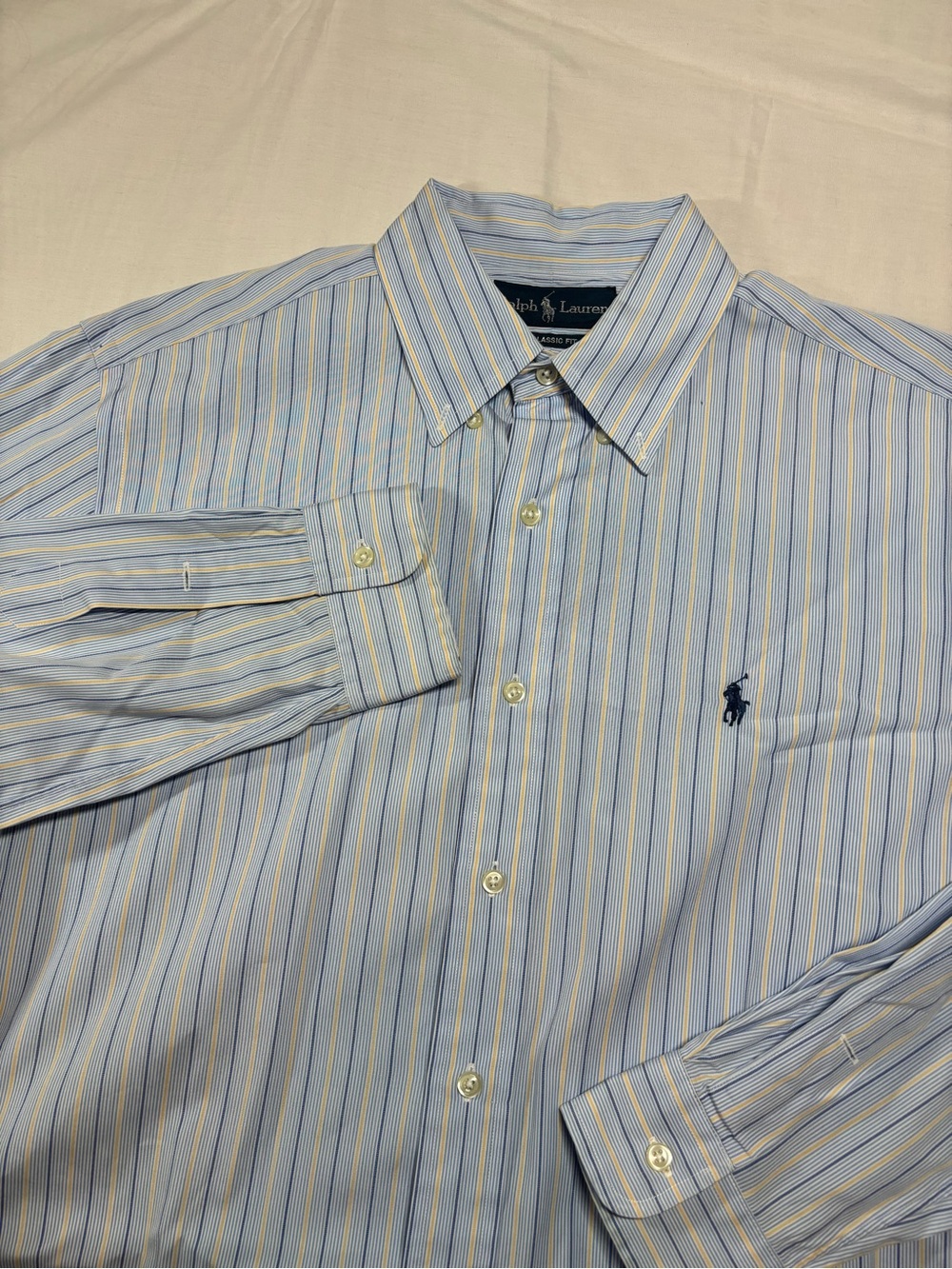 Vintage Ralph Lauren Men's Blue and Yellow Stripe Button-Down Dress Shirt